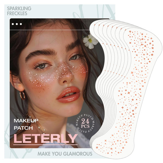 Leterly 24 Pcs Glitter Freckles Face Tattoo,Rose Gold Face Glitter Makeup Patches Cute Sparkle Freckles Patches Waterproof Makeup Speckles for Face