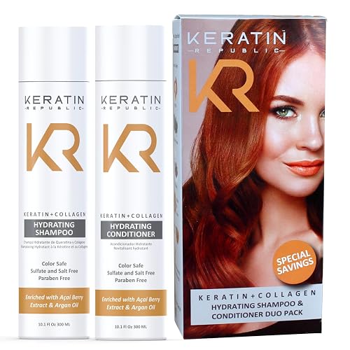 Keratin Republic Anti-Frizz Shampoo & Conditioner Duo | Keratin + Collagen | Sulfate, Salt & Paraben Free | Color Safe | Açaí Berry & Argan Oil | Gift