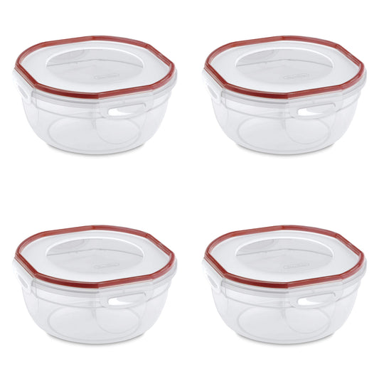 Sterilite Ultra-Seal 2.5 Qt Bowl, Airtight Food Storage Container, Plastic, Latching Lid, Microwave and Dishwasher Safe, Clear With Red Gasket, 4-Pack
