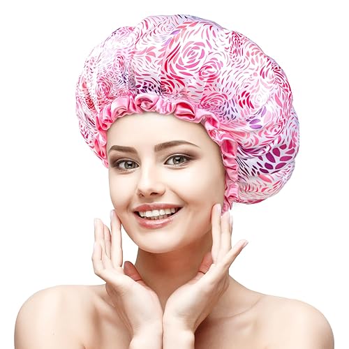 mikimini Large Shower Cap for Women Long Hair, 1 Pack,Romantic Petal Design, Double Layer Waterproof, Reusable, Washable, High-quality, Floral Print
