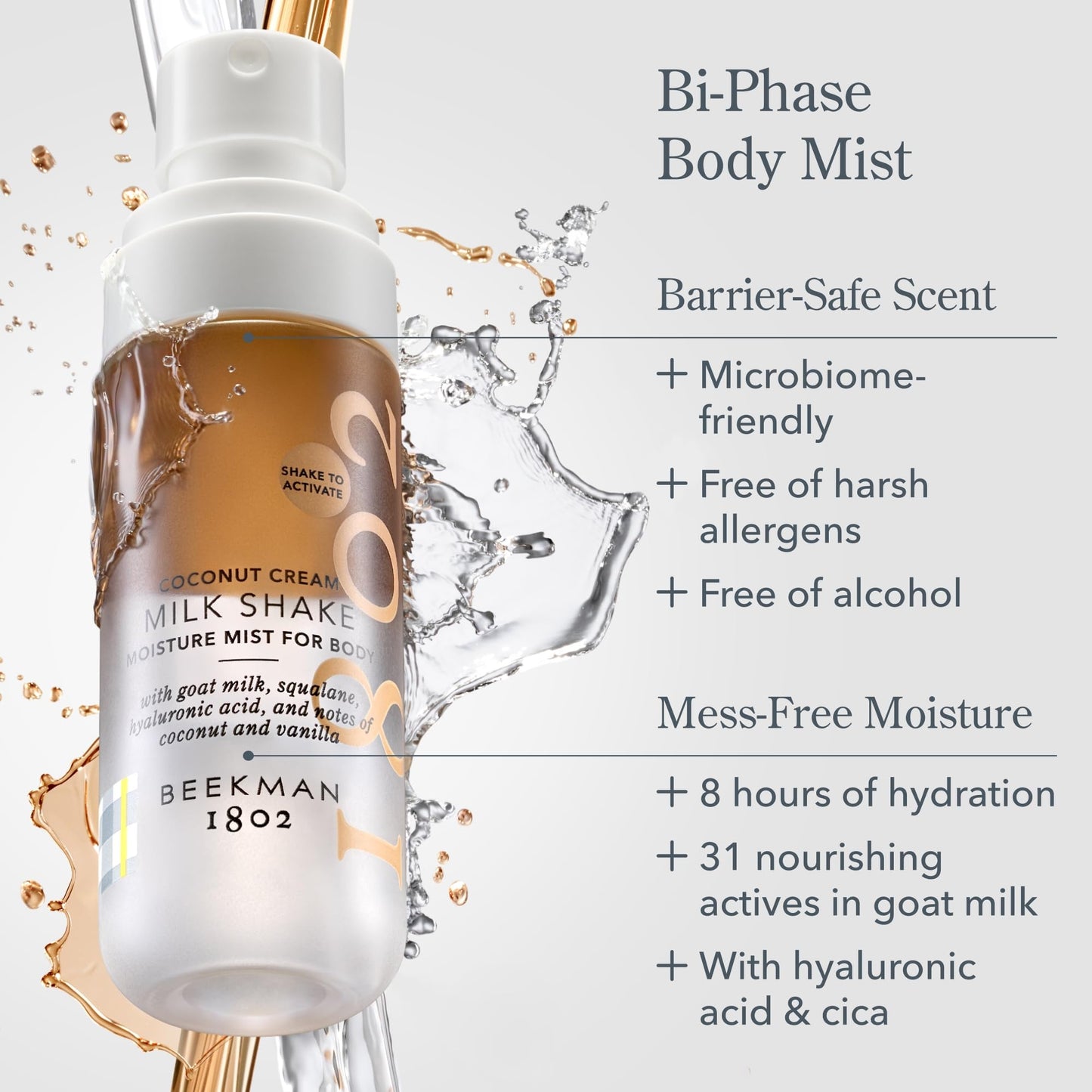 Beekman 1802 Milk Shake Hydrating Body Mist - Alcohol-Free Moisture with Goat Milk, Hyaluronic Acid & Squalane, Lightweight Skin Softening Spray