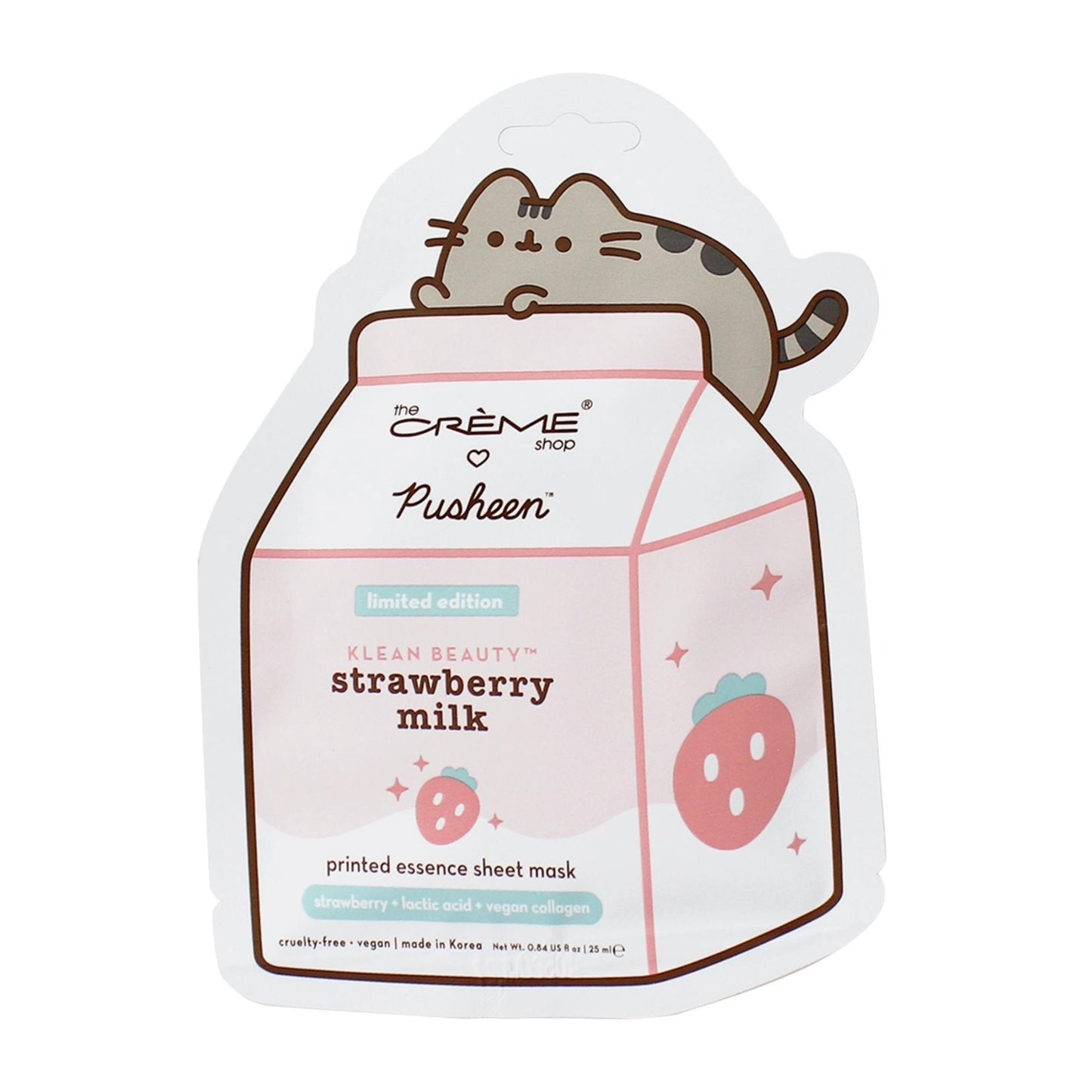 The Crème Shop x Pusheen Printed Essence Sheet Mask - Formulated with Collagen, Lactic Acid, and Strawberry for Glowing, Moisturized Skin (Strawberry