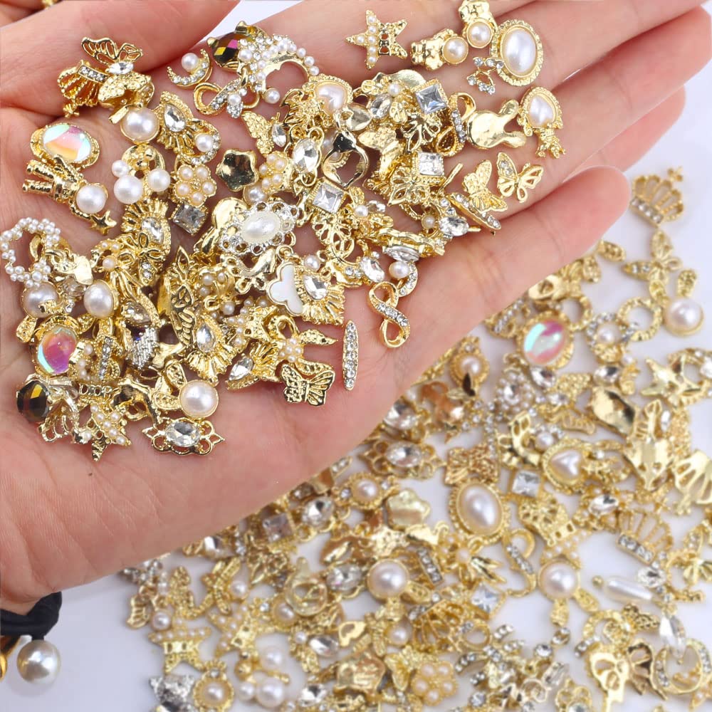 Dornail 50pcs Gold Nail Charms for Acrylic Nails, Mix Styles Shiny Pearl Alloy Nail Rhinestones Flower Butterfly Heart Star Charms for Nails Women