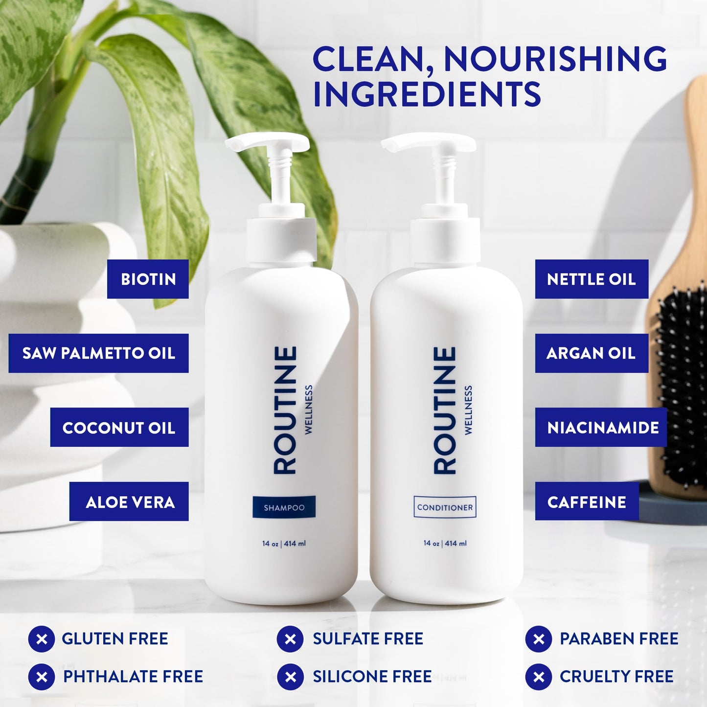 Routine Wellness Hair Thinning System, Anti-Thinning Shampoo & Conditioner Set Rose Hips + Hair Growth Supplement, Clinically Tested to Support Hair