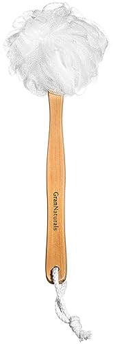 Shower Loofah on a Stick Body & Back Scrubber - Long Handled Mesh Bath Sponge Pouf Luffa Brush on a Stick with a Wood Handle for Men & Women - Easy