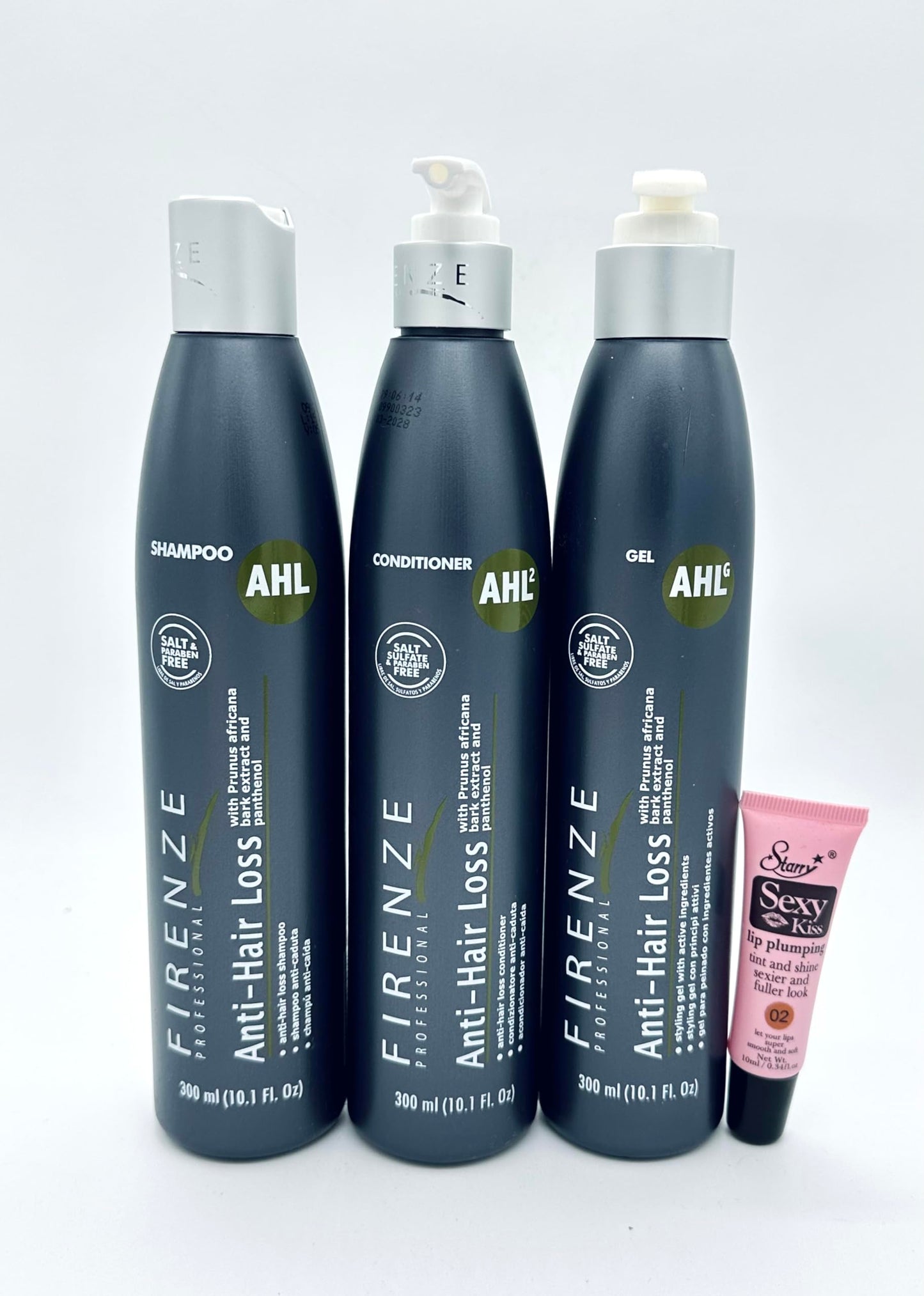 Firenze Professional AHL Anti-Hair Loss Shampoo, Conditioner and Gel 10.1 fl oz with Prunus Africana Extract & Panthenol - Free Starry Lip Plumping