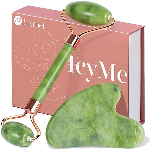 BAIMEI IcyMe Gua Sha & Jade Roller Facial Tools Face Roller and Gua Sha Set for Puffiness and Redness Reducing Skin Care Routine, Self Care Gift