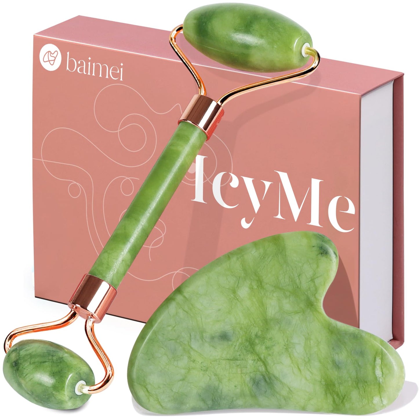 BAIMEI IcyMe Gua Sha & Jade Roller Facial Tools Face Roller and Gua Sha Set for Puffiness and Redness Reducing Skin Care Routine, Self Care Gift