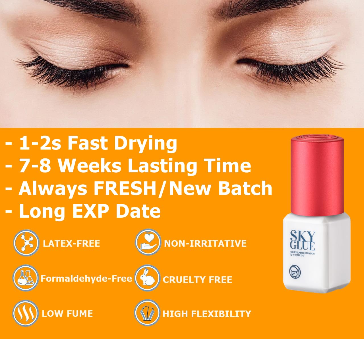 2 Bottles Sky Glue S+ for Eyelash Extension 5ml - Powerful Strong Professional Black Bonding Adhesive for Lash Extensions / 1-2s Fast Drying / 6-8