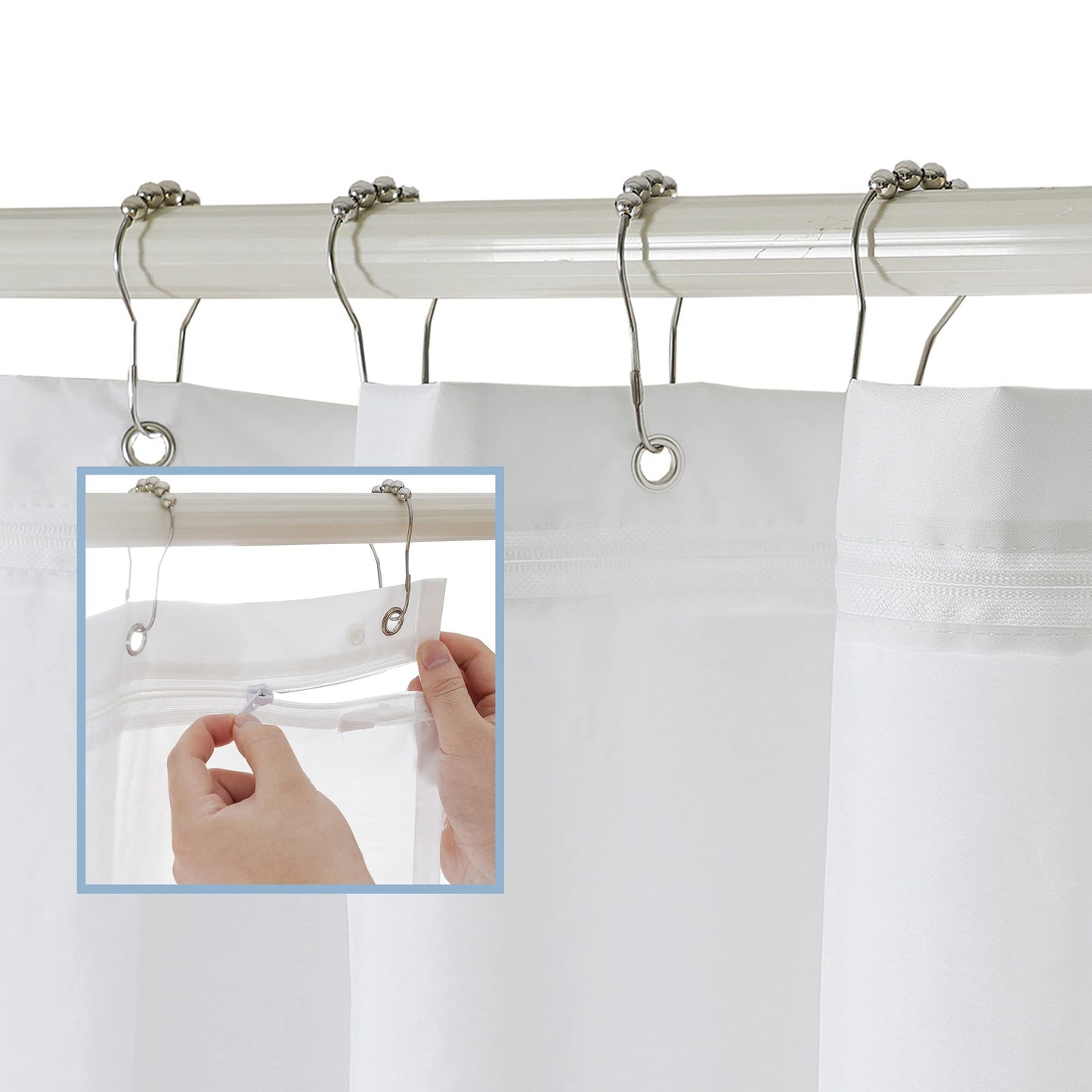FRESH IDEAS Shower Curtain Liner with Shower Clips, Easy On/Off Liner with Zipper, Waterproof, White, Standard Size, 72 inches x 72 inches