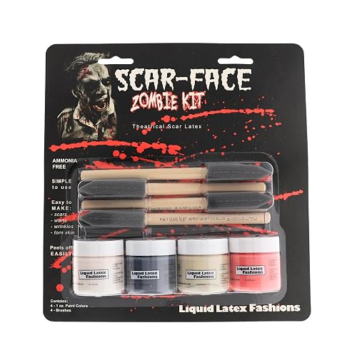 Scar-face Zombie Kit- Four 1 Ounce Bottles, White, Black, Tan, and Red, Four Brushes, Professional Quality, For Face and Body, Halloween, Stage