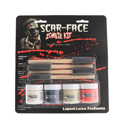 Scar-face Zombie Kit- Four 1 Ounce Bottles, White, Black, Tan, and Red, Four Brushes, Professional Quality, For Face and Body, Halloween, Stage