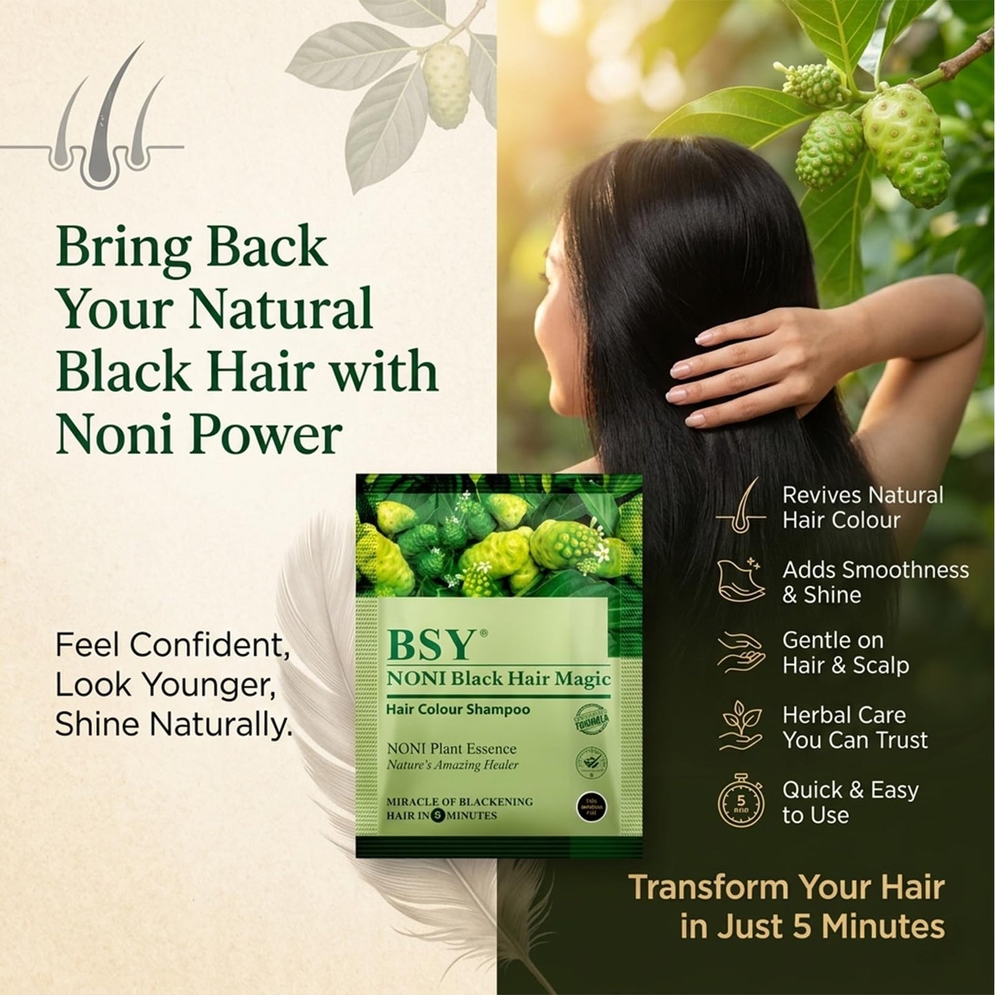BSY Noni Black Hair Magic Hair Color Shampoo (12ml x 5 Sachets) | Ammonia-Free Permanent Noni Fruit Hair Dye | Natural Black Shade in 5 Minutes
