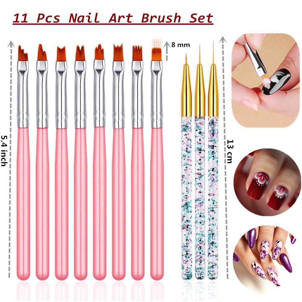 FULINJOY 11 Pc Nail Art Brush Set - UV Gel Painting Pen, Flower & Gradient Designs, Liner Brushes