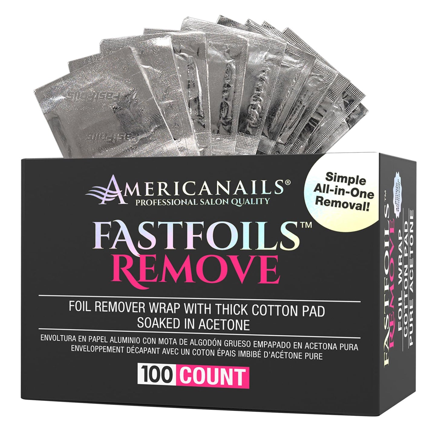 Americanails FastFoils 100 ct, One Step Gel Polish Foil Remover Wraps, All-In-One Foil Remover With Thick Cotton Pad & Pure Acetone, Remove Nail
