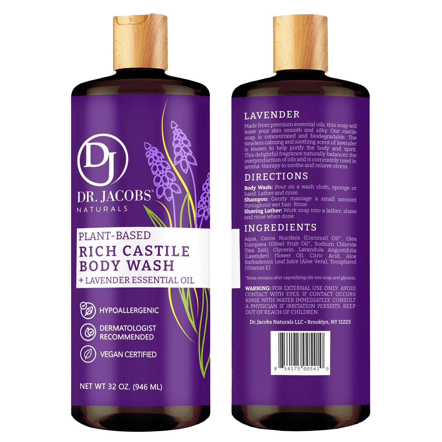 Dr. Jacobs Naturals Pure Castile Soap Liquid Body Wash, Lavender - Plant Based Soap Infused with Vitamin E and Aloe Vera to Moisturize Dry