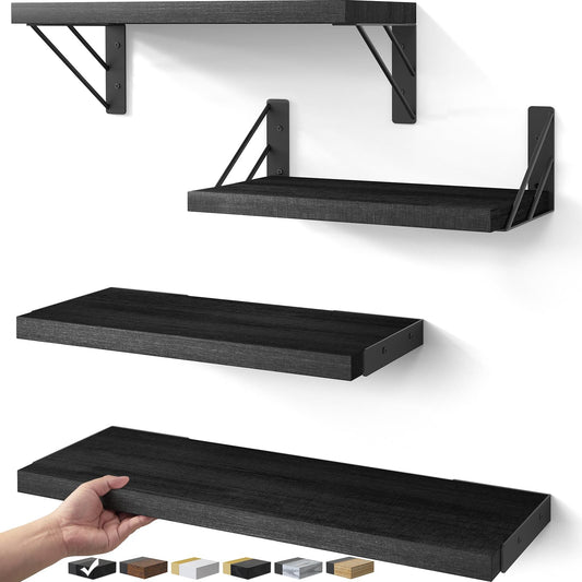BAYKA Floating Wall Shelves Set of 4 – Rustic Wood Wall-Mounted Storage for Bedroom, Bathroom, Kitchen, Living Room & Decor Display