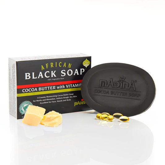 Madina African Black Soap Bar - Cocoa Butter, Vitamin E, Moisturizing, Skin-Restoring, Marks & Blemishes, Face & Body Cleanser, 100% Vegetable-Based