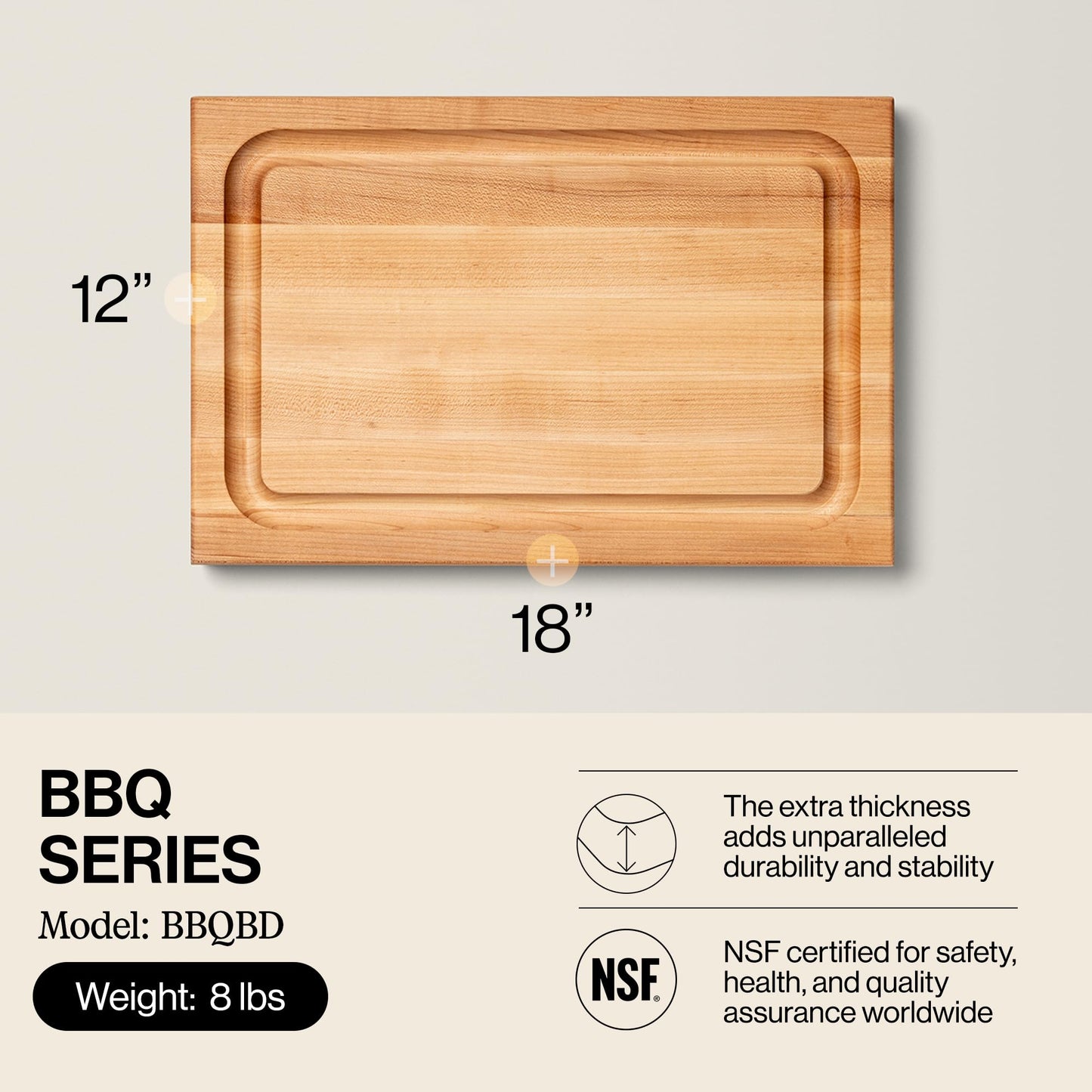 John Boos BBQ Series Rectangular Wooden Maple Cutting Board 18”x12” - 1.5” Thick, 8.5-lb Reversible Butcher Block with Juice Groove, Edge-Grain…
