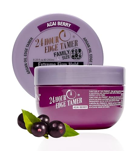 24 Hour Argan Oil Edge Tamer Refresh (8.25oz/ 250ml, Acai Berry) | Extreme Firm Hold, Smooths & Tames Frizz | No Flaking or Drying | High Shine, Long
