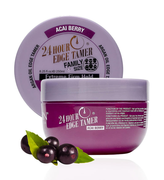 24 Hour Argan Oil Edge Tamer Refresh (8.25oz/ 250ml, Acai Berry) | Extreme Firm Hold, Smooths & Tames Frizz | No Flaking or Drying | High Shine, Long