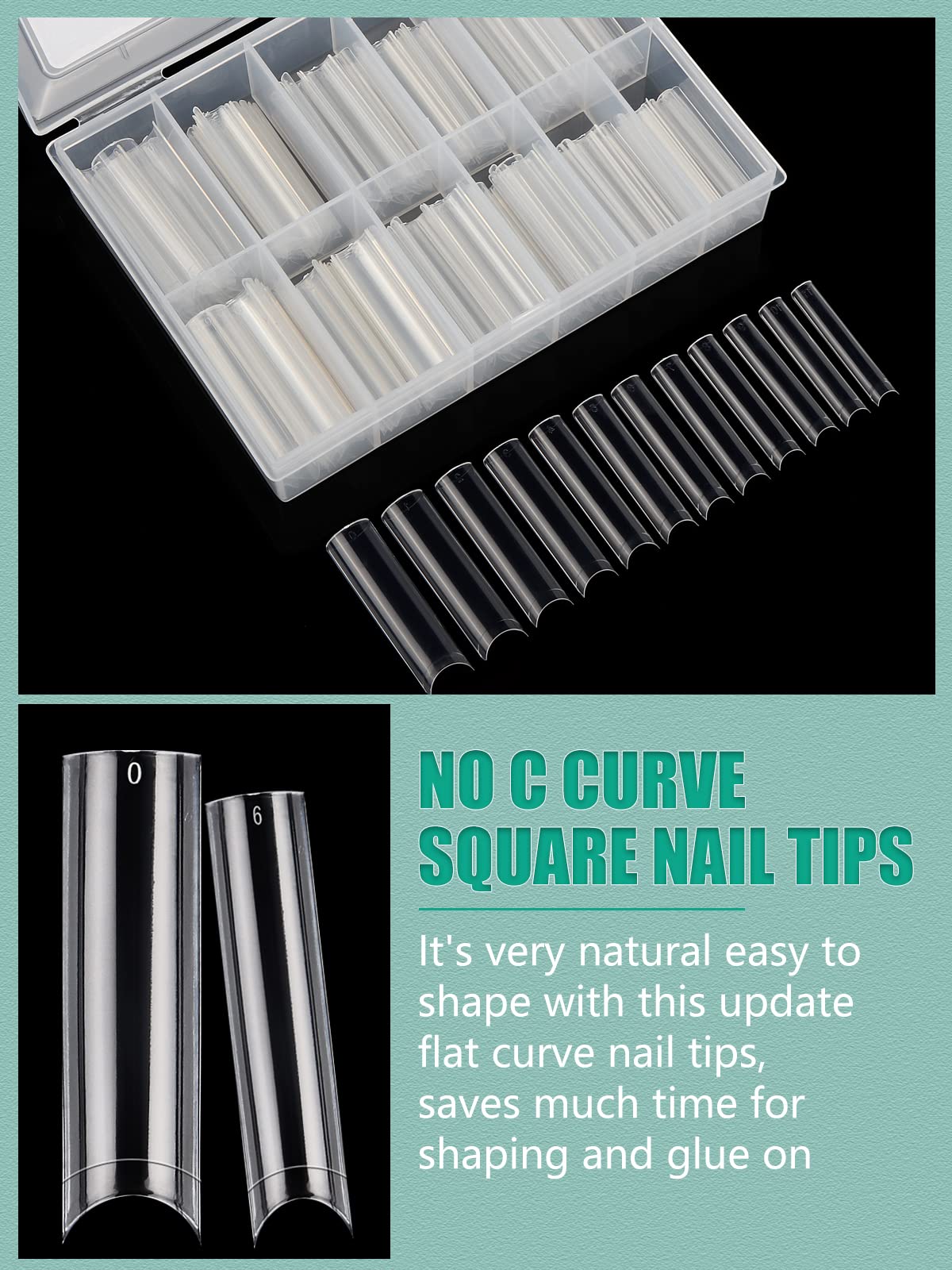 480PCS Extra Long NO C Curve Nail Tips XL, 2 Packs Natural and Clear Nail Tips for Acrylic Nails Professional Set, 12 Sizes Straight Tapered Square