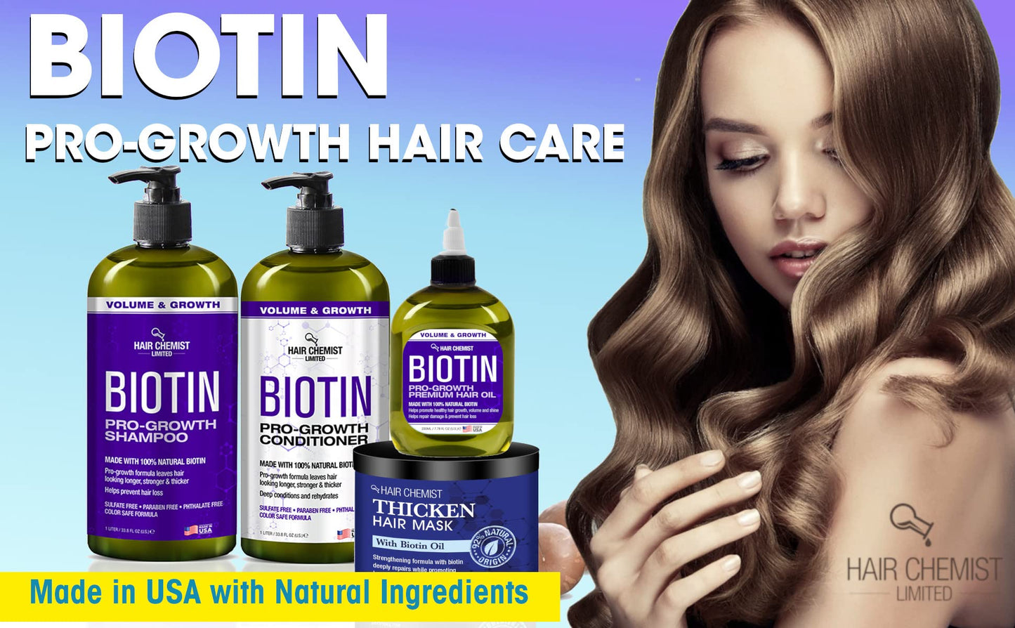 Hair Chemist Biotin Pro-Growth 3PC Hair Care Set - Includes 33.8oz Shampoo, 33.8oz Conditioner & 7.78oz Hair Oil