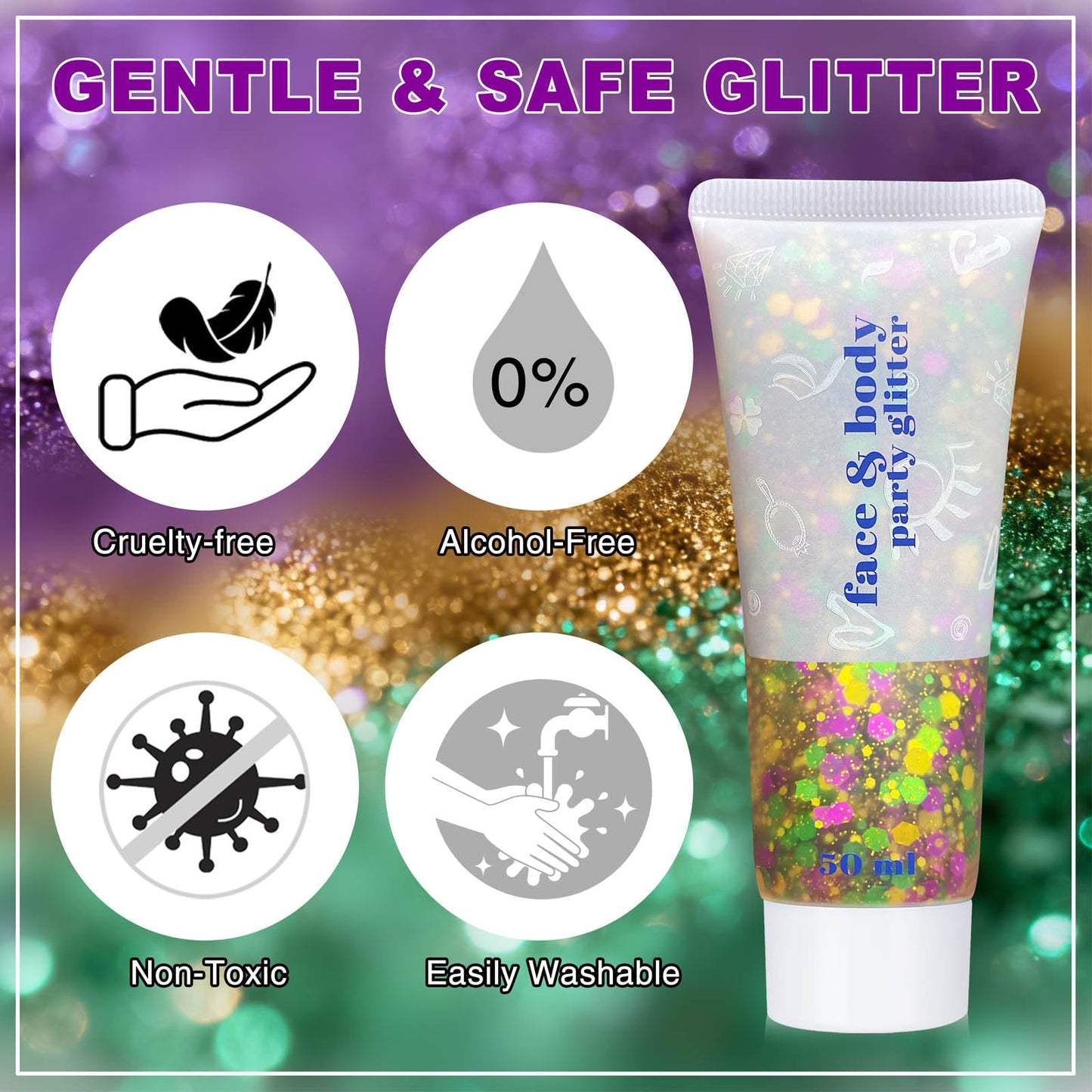 Mardi Gras Face Glitter,Festival Rave St Patricks Day Accessories Body Glitter for Face Body Hair,Gold Green Purple Mixed Chunky Glitter