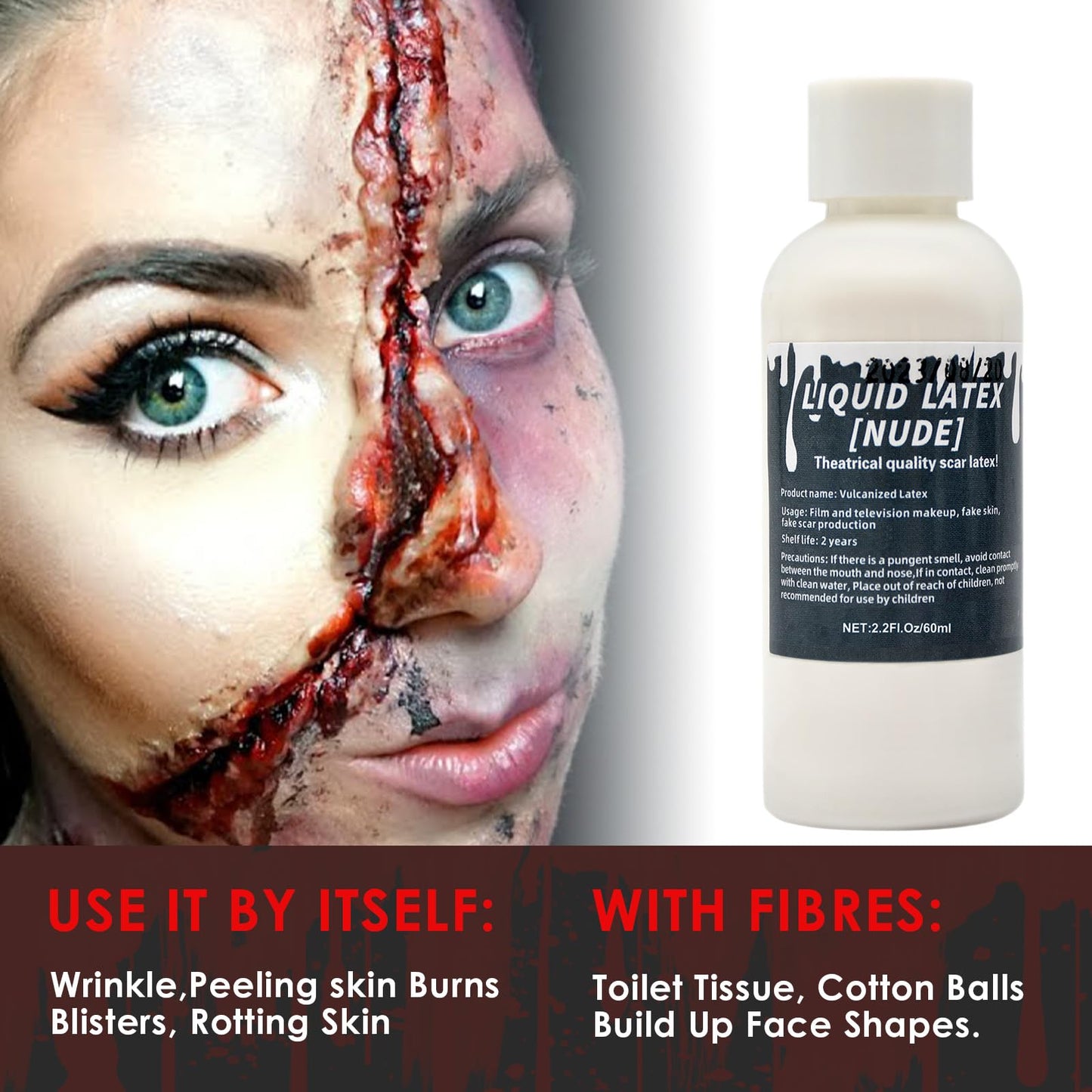2.2 fl oz Liquid Latex Halloween SFX Makeup Kit, Clear Adhesive Latex Glue for Skin Special Costume Effects for Realistic Scar Cut Wounds Peeling Skin
