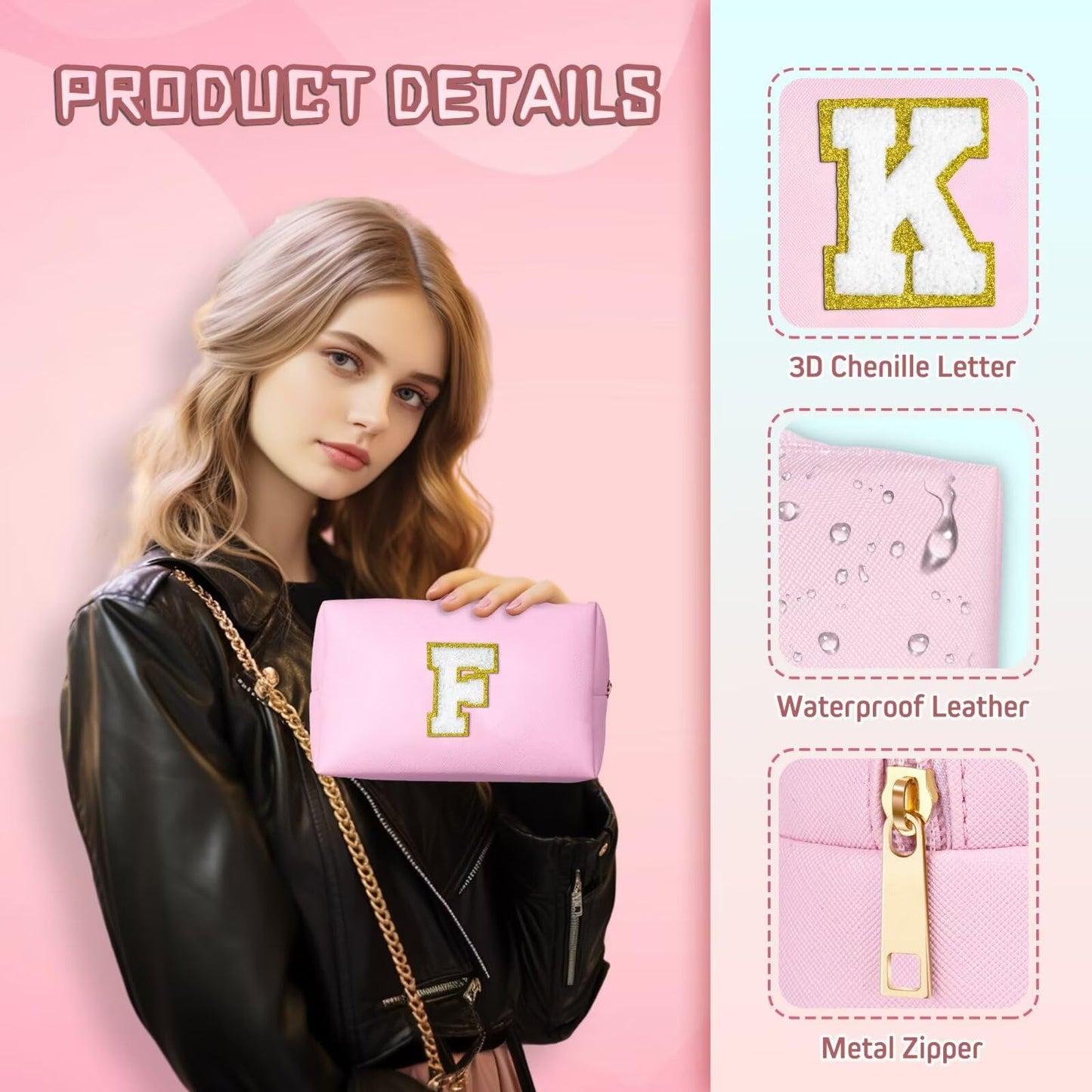 TOPEAST Initial Makeup Bag – Personalized Preppy Cosmetic Pouch, Leather Toiletry Bag, Birthday Gifts for 4–12 Year Old Girls (Pink A)
