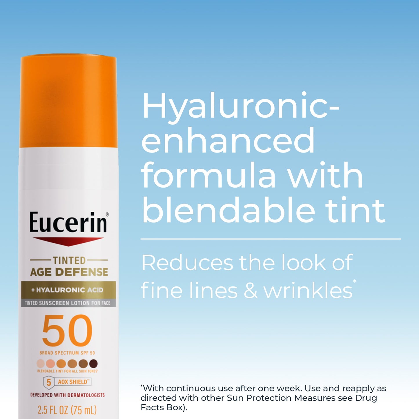 Eucerin Sun Tinted Age Defense Face Sunscreen Lotion SPF 50 with Hyaluronic Acid, Tinted Sunscreen for Face, Blendable Tint for All Skin Tones, Non