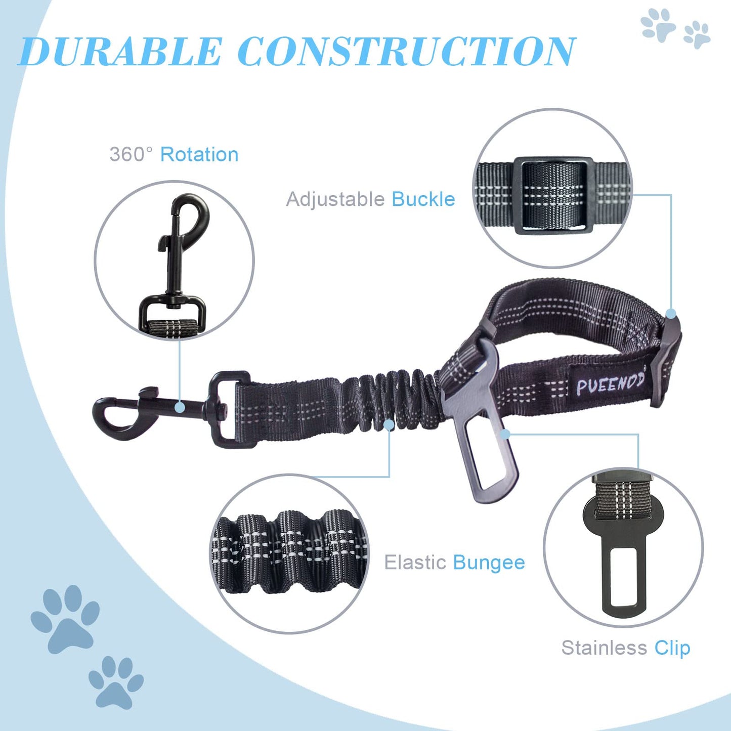 2 Pack Adjustable Dog Seat Belts – Nylon Pet Safety Car Harness with Elastic Bungee, Reflective & Durable Design for Vehicle Travel