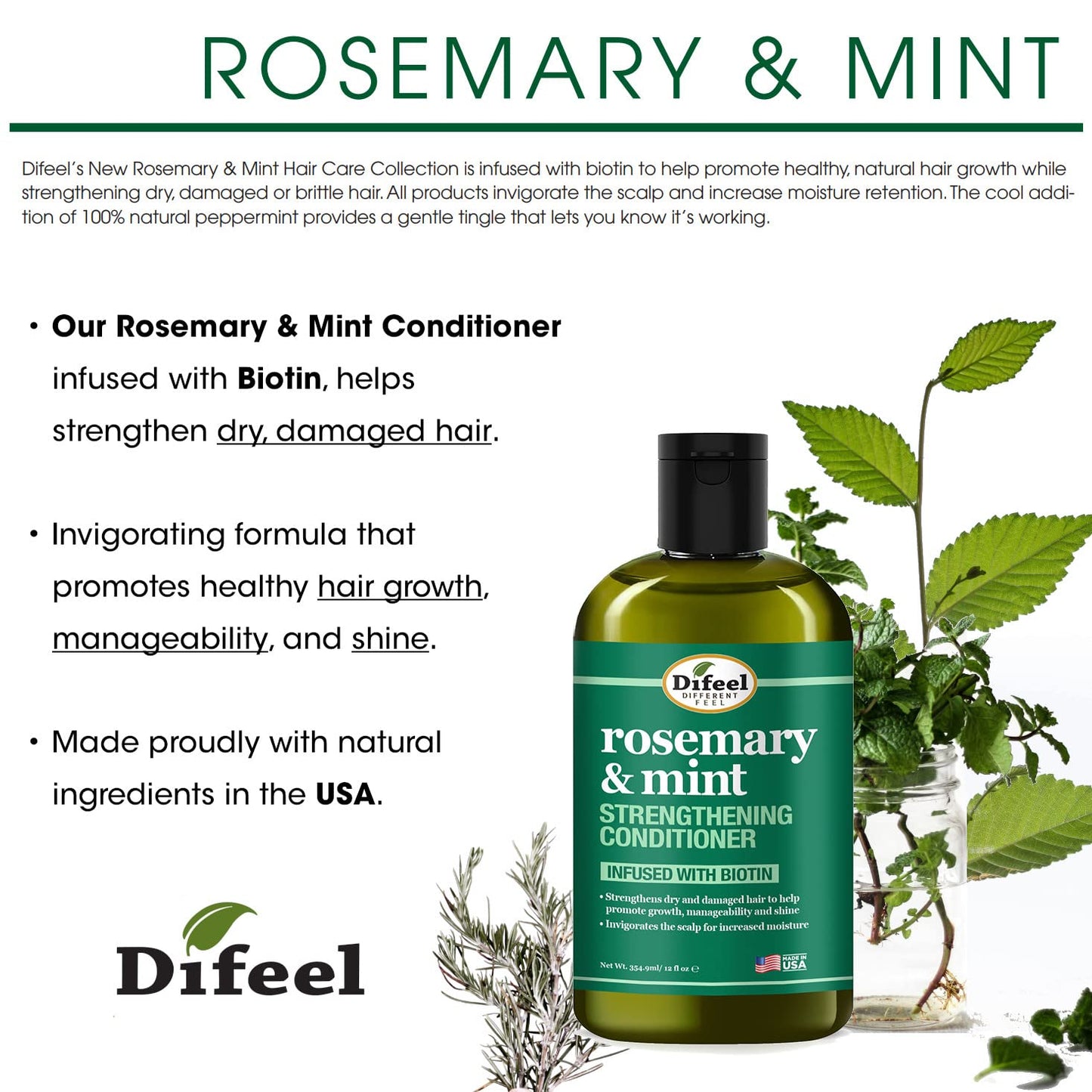 Difeel Rosemary and Mint Hair Strengthening Shampoo 12 oz & Conditioner with Biotin 12 oz 2-PC Boxed Set - Sulfate Free Shampoo & Conditioner, Paraben