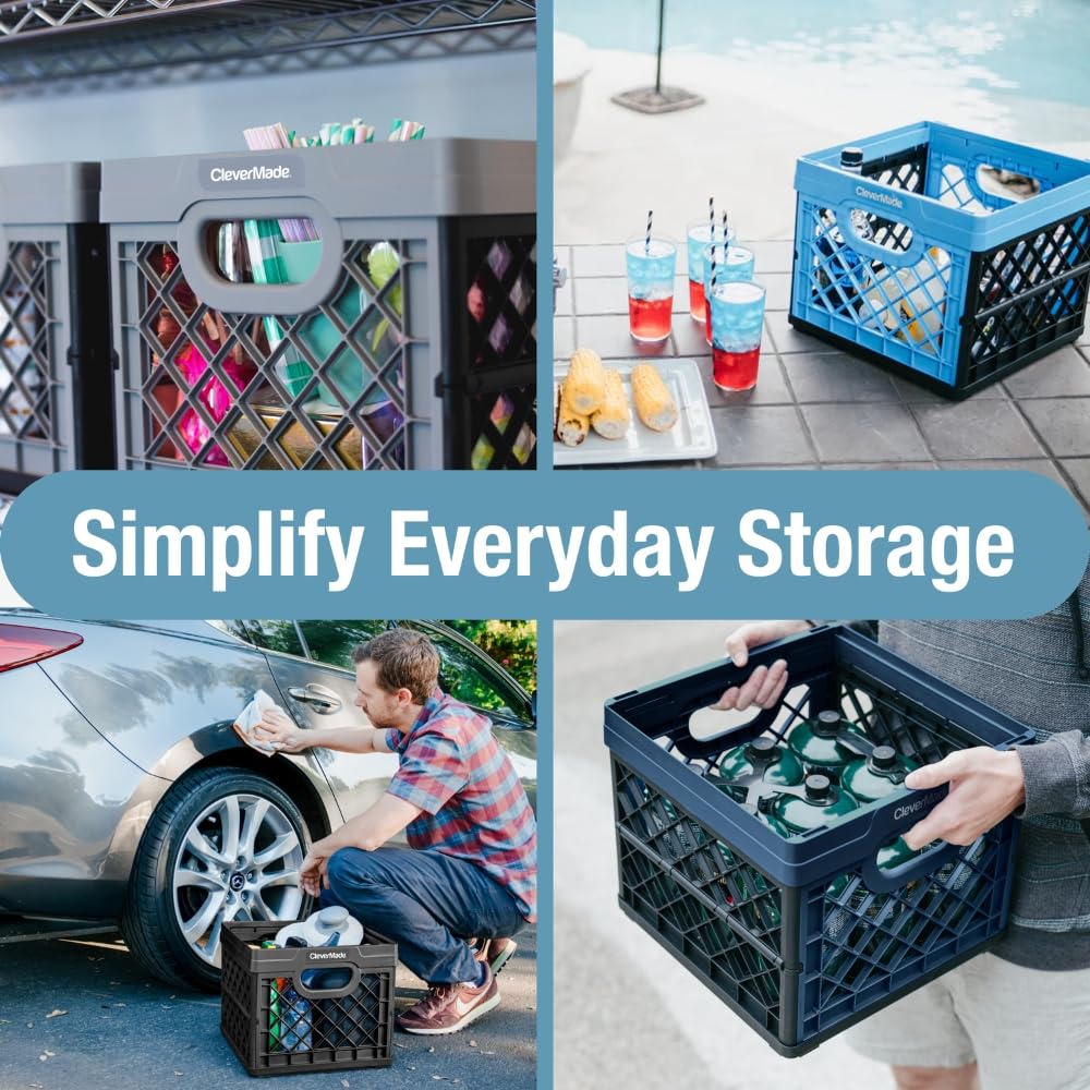CleverMade Collapsible Milk Crate, Obsidian, 1PK - 25L (6 Gal) Stackable Storage Bins, Holds 50lbs Per Bin - Clevercrates are Heavy Duty, Plastic…