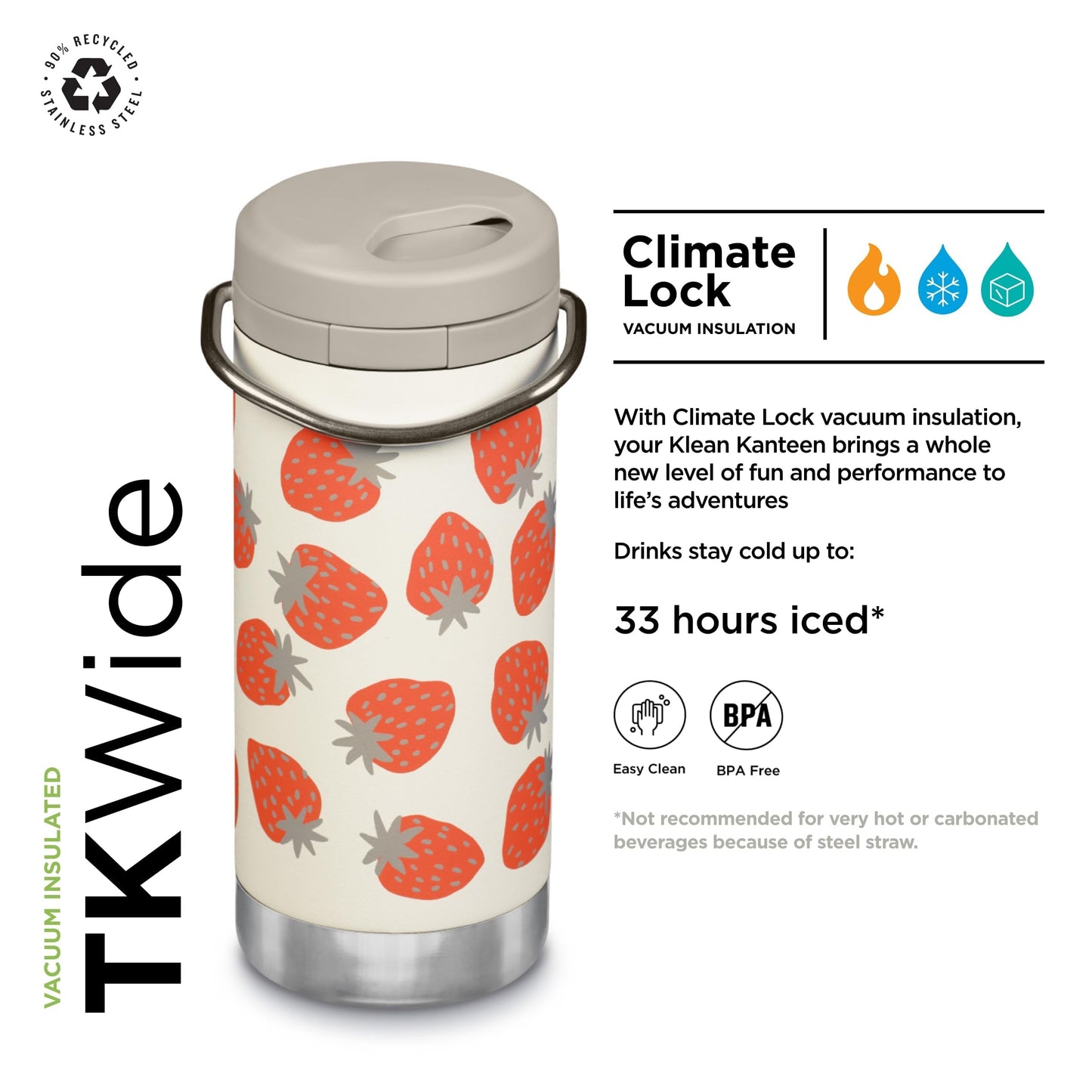 Klean Kanteen TKWide Insulated Bottle - Twist Cap, Steel Straw - Dishwasher - Strawberries 12 oz