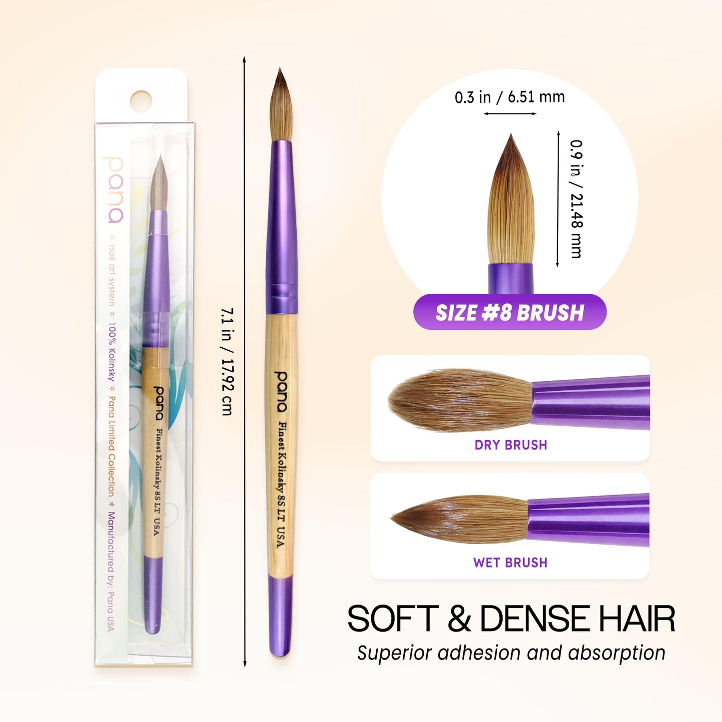 PANA Pure Kolinsky Hair Acrylic Nail Brush - Round Shape Purple Ferrule with Beige Wood Handle (Size 8) Beauty and Personal Care PANA