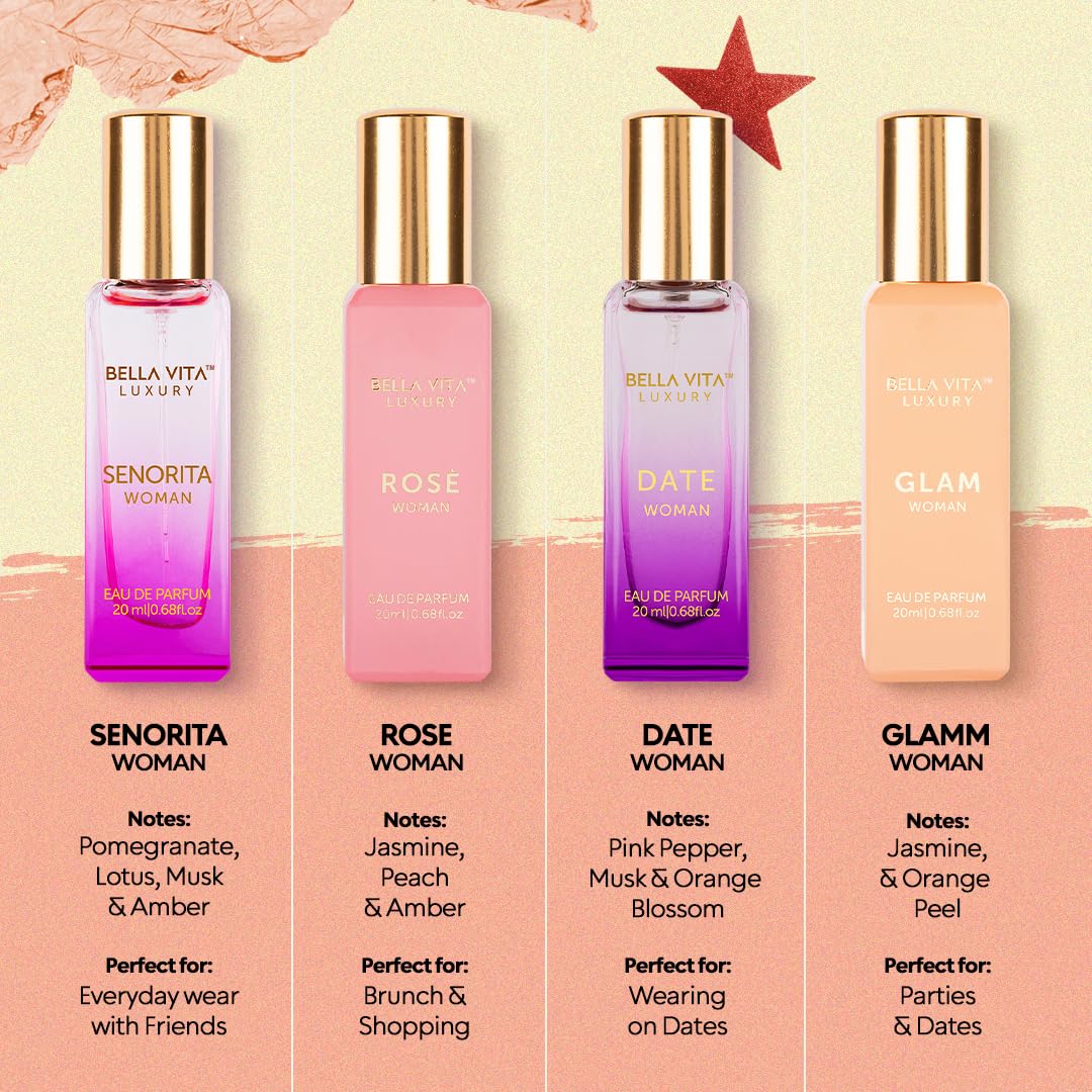BellaVita Luxury Women's Perfume Gift Set | 4x20ml | Notes of Floral, Sweet, Spicey Red Fruit, Vanilla & Musk | DATE, SENORITA, GLAM & ROSE | French