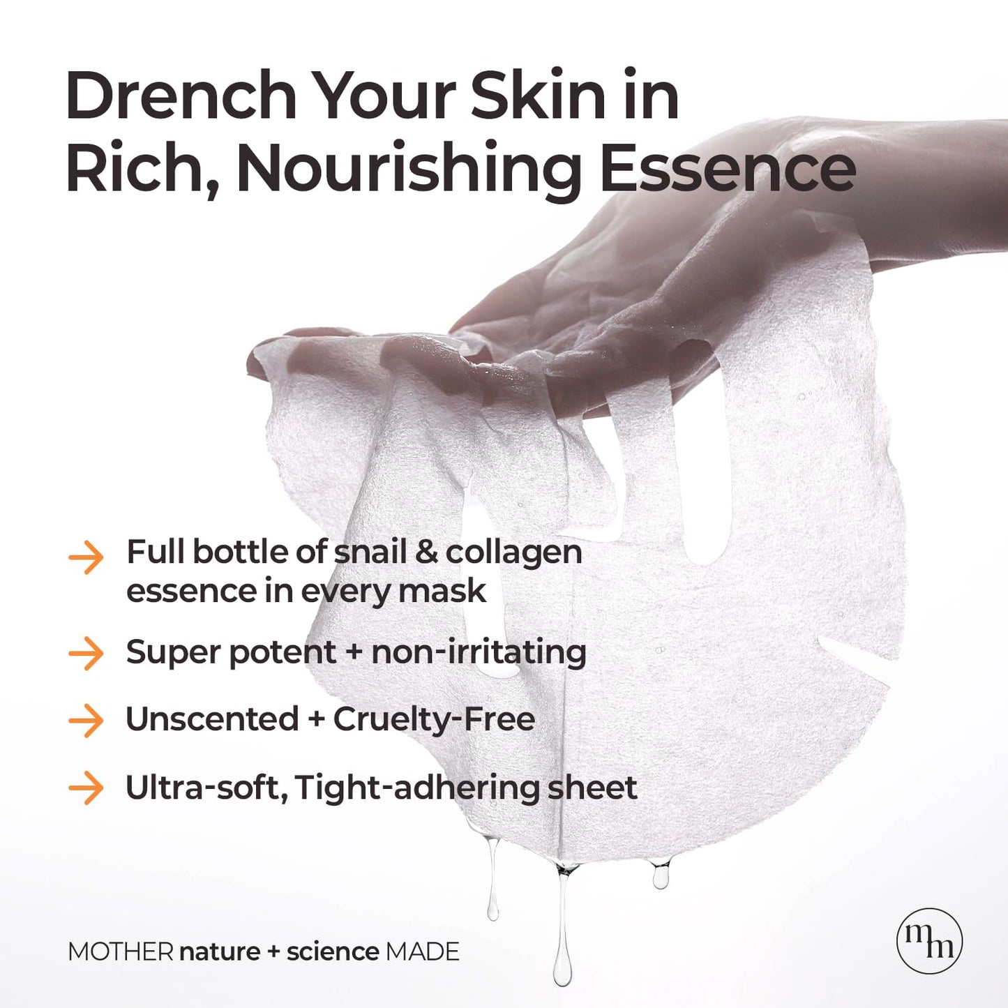MOTHER MADE Glowing Glass Skin Hydrating Snail Deep Collagen Face Masks 10 EA, with Niacinamide 2%, Vitamin E, Facial Masks for Dry, Sensitive Skin
