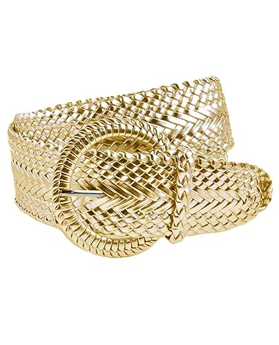 Women's Fashion Web Woven Braid Faux Leather Metallic Wide Belt, L 43", Gold