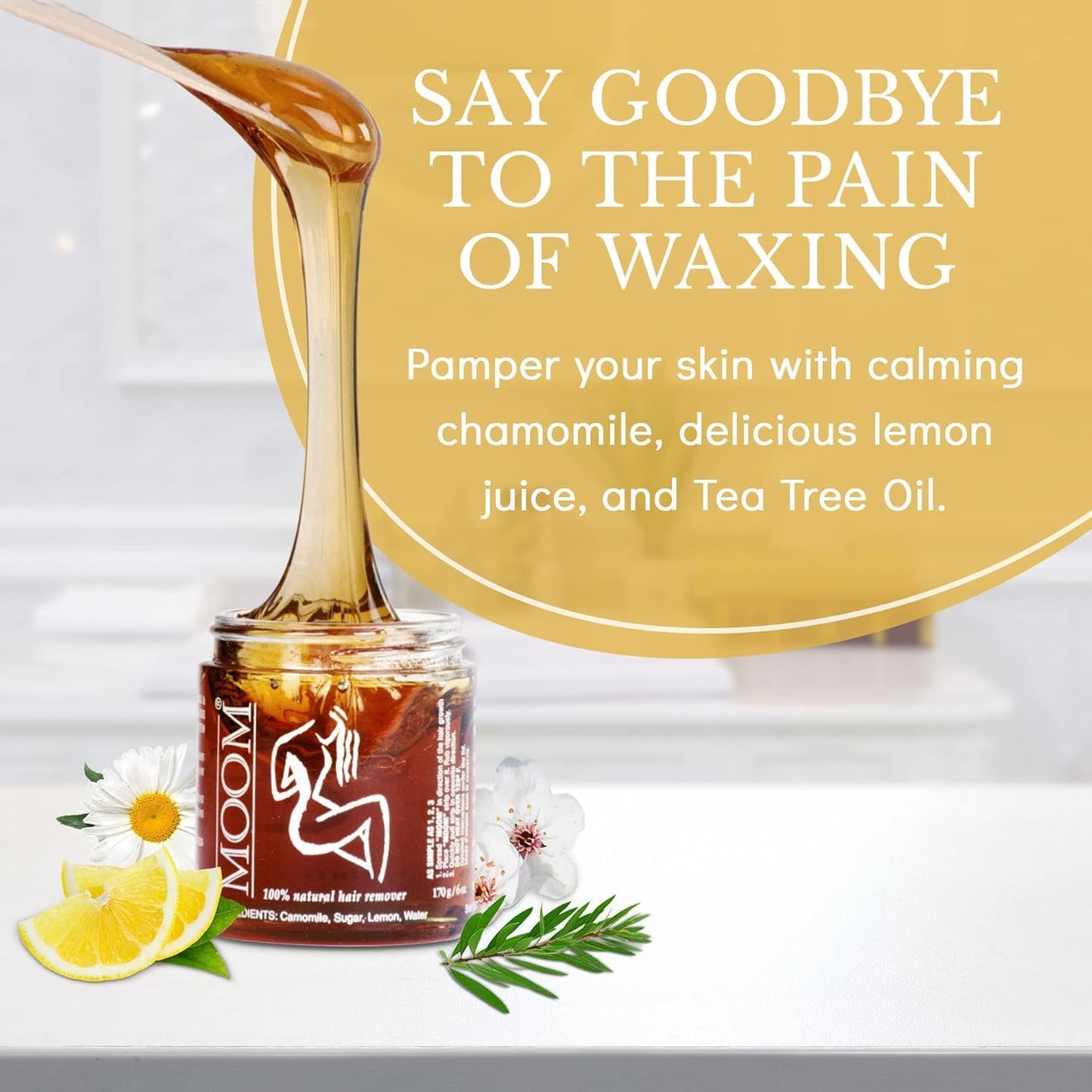 MOOM Organic Sugar Wax with Tea Tree Oil, 6 oz Jar, Hair Removal for Bikini, Brazilian, Face & Legs - Soft Wax for Sensitive Skin, Wax Beads