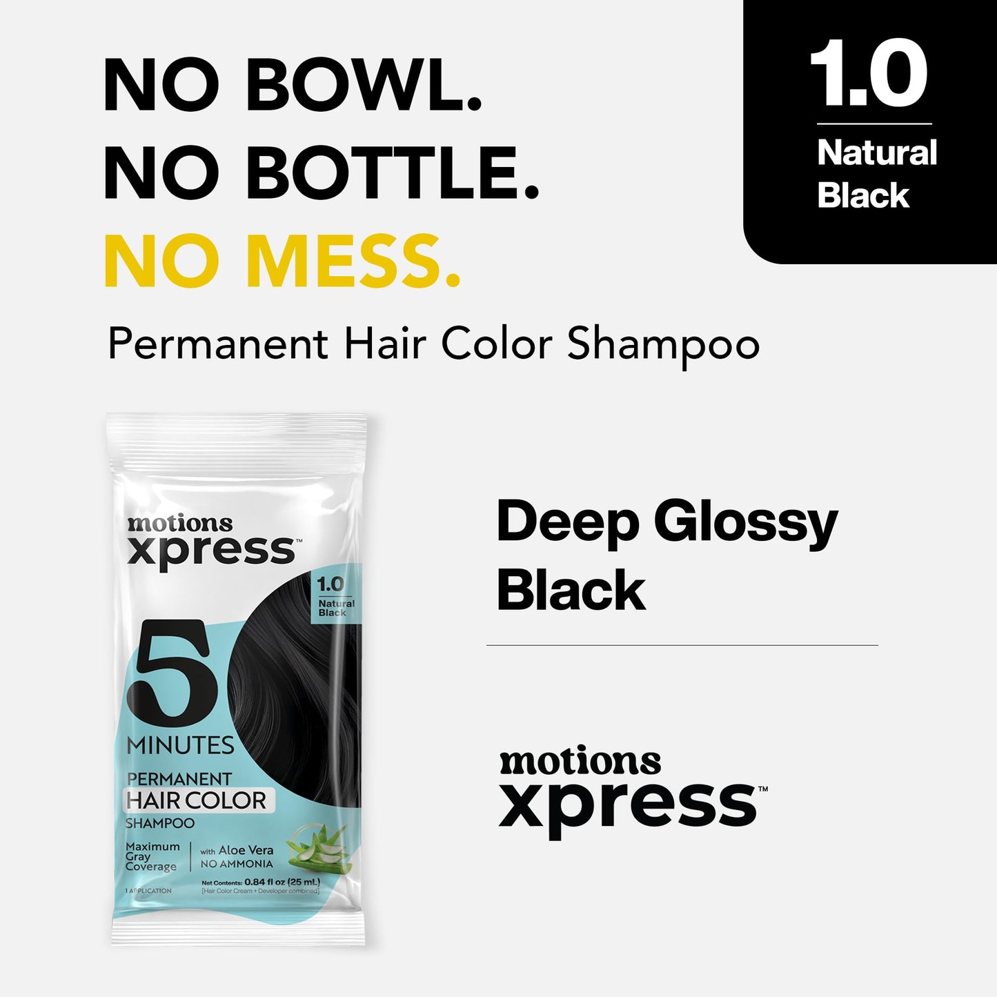Motions Xpress Permanent Hair Color Shampoo Natural Black - 5 Minute Color, Gray Coverage, Ammonia Free, Deep Shine Hair Dye Shampoo, 0.84 Oz