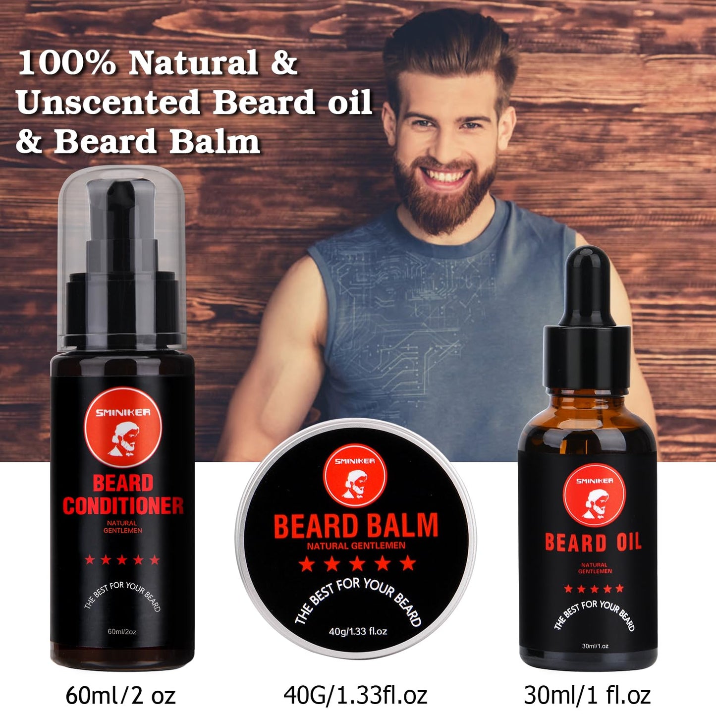 SMINIKER Beard Grooming Kit, Beard Oil, Beard Balm, Beard Shampoo, Beard Conditioner, Beard Brush, Beard Comb and Beard Mustache Scissors Beard Care