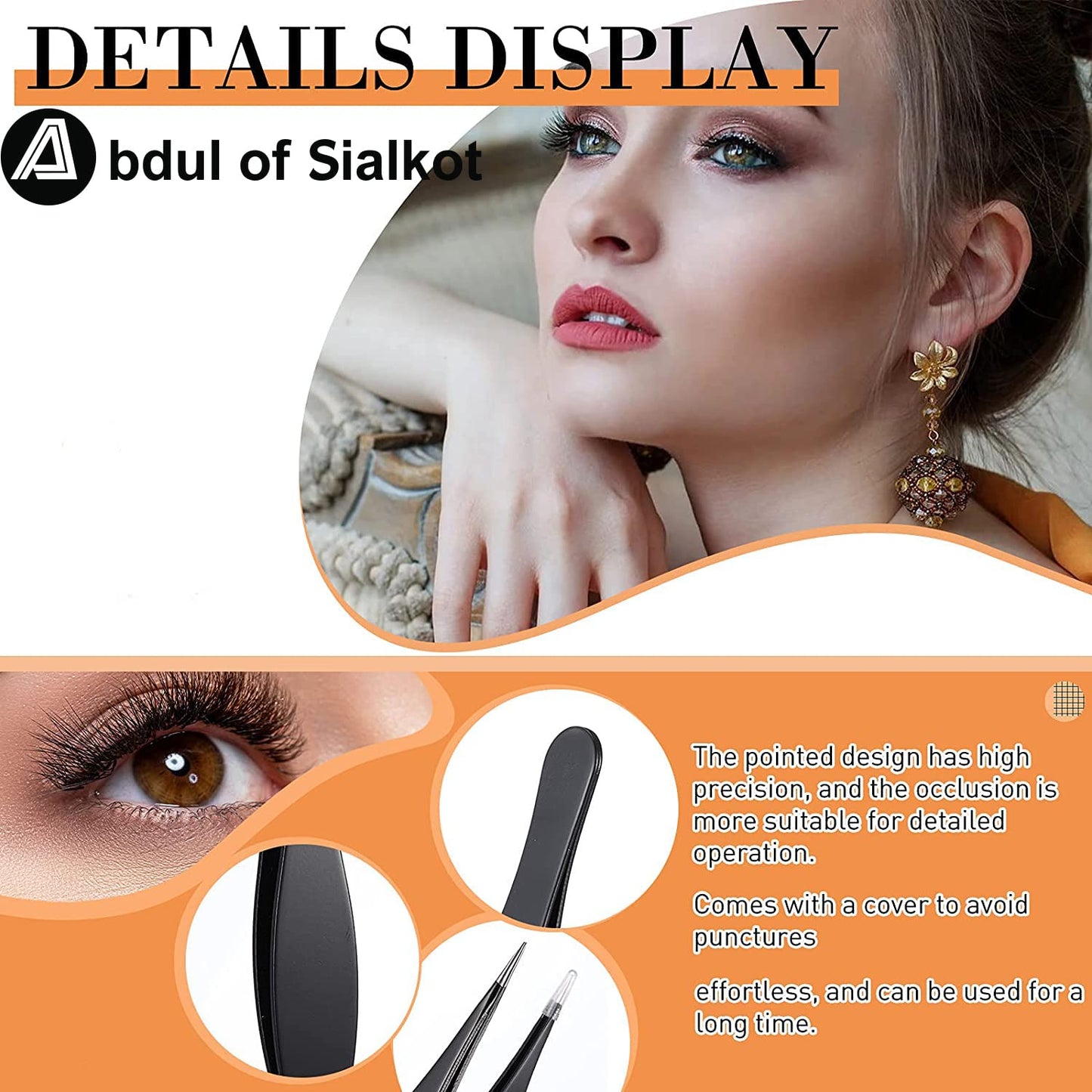 Abdul of Sialkot Pointed Tweezers,Needle Nose Tip, Sharp Precision Ingrown Hair, Surgical Pointed for Blackheads & Splinters/Best Tweezers