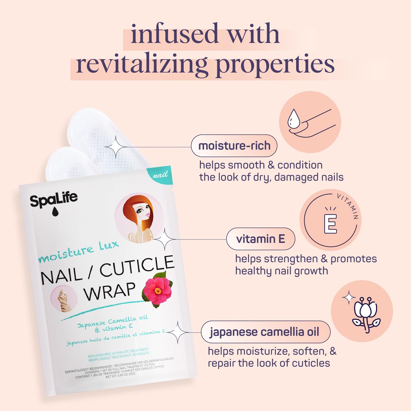 SpaLife Japanese Camellia Oil & Vitamin E Nail Cuticle Wrap 6-Pack (60 Count) - Moisturizing Nail Masks, Dermatologist Recommended, Hydrating Cuticle