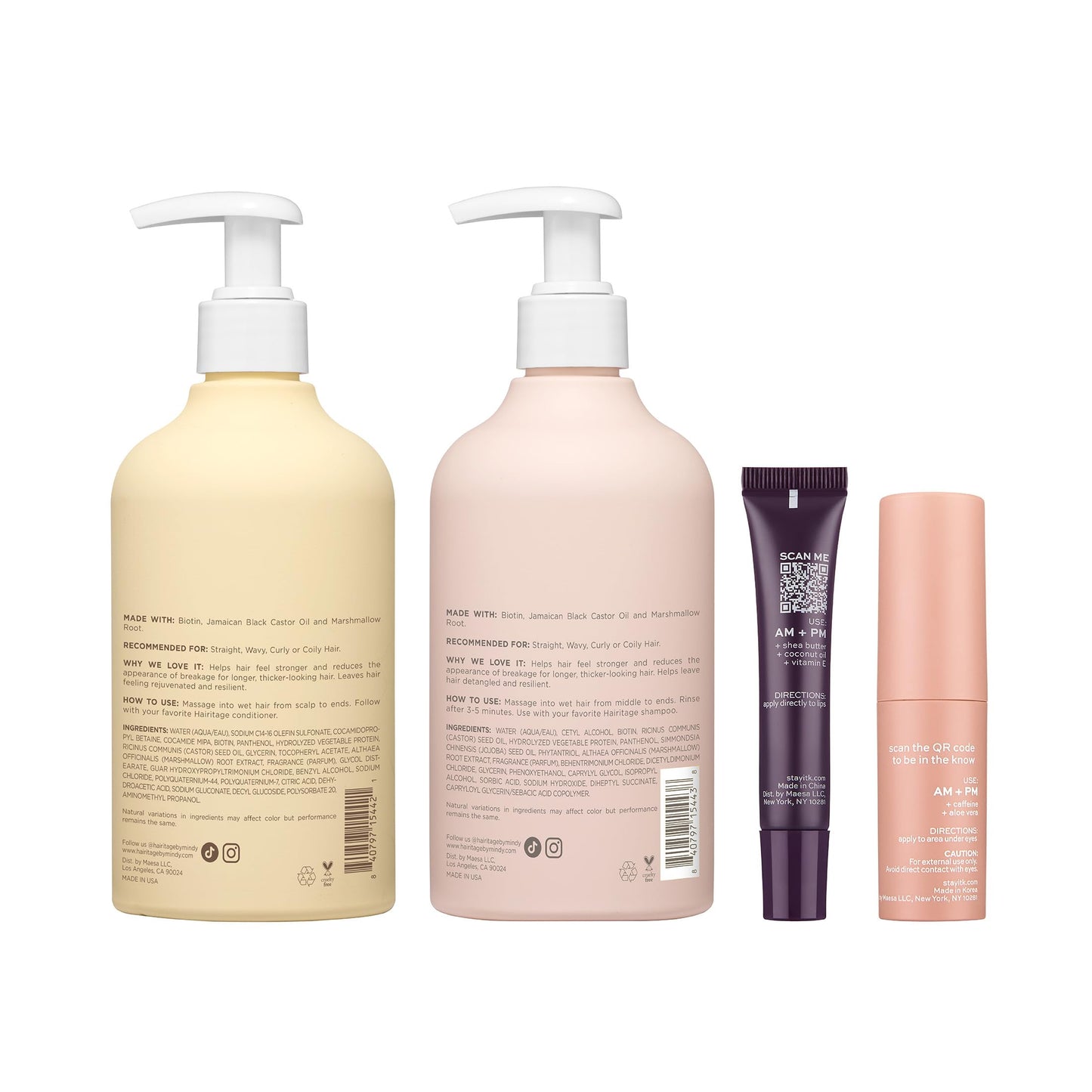 Hairitage x ITK Set_Hairitage Biotin Castor Oil Shampoo & Conditioner, ITK Depuff Eye Stick + Lip Balm - Shea Butter, Coconut Oil, Vitamin E Lip Balm
