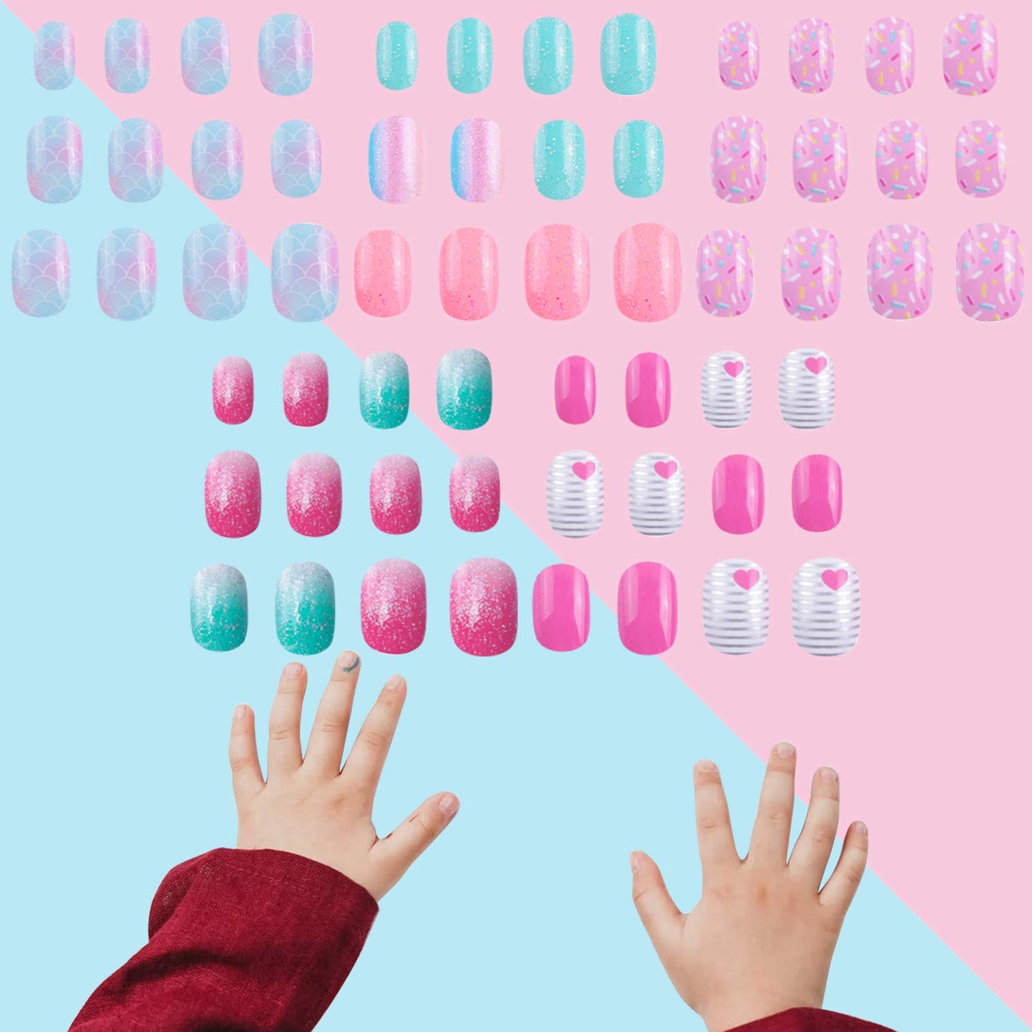 SIUSIO 120 Pcs 5 Pack Children Acrylic Fake Nails Press on Pre-glue Full Cover Glitter Gradient Color Rainbow Short False Nail Art Kits Set for Kids