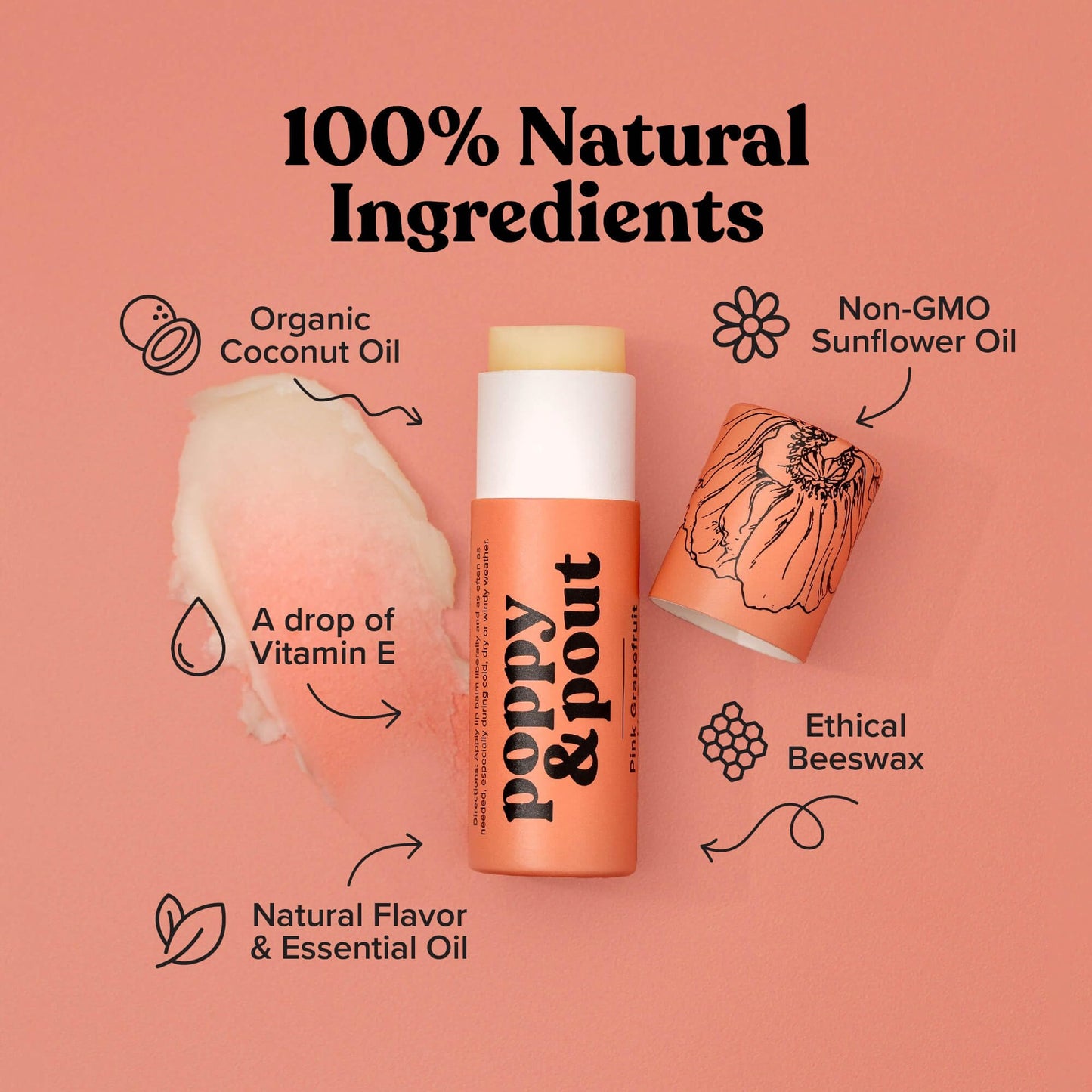 Poppy & Pout Pink Grapefruit Jumbo Lip Balm | All Natural Lip Balms & Moisturizers | Hydrates with Beeswax, Vitamin E, Organic Coconut Oil |