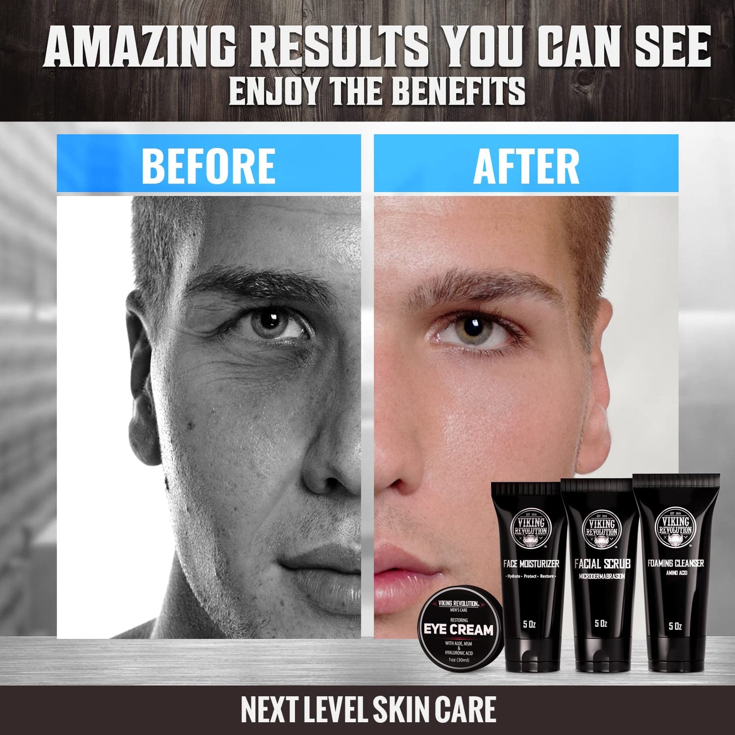 Viking Revolution Men's Facial Skin Care Kit - Includes Rejuvenating Face Moisturizer, Microdermabrasion Facial Scrub, Foaming Cleanser (5oz Each)
