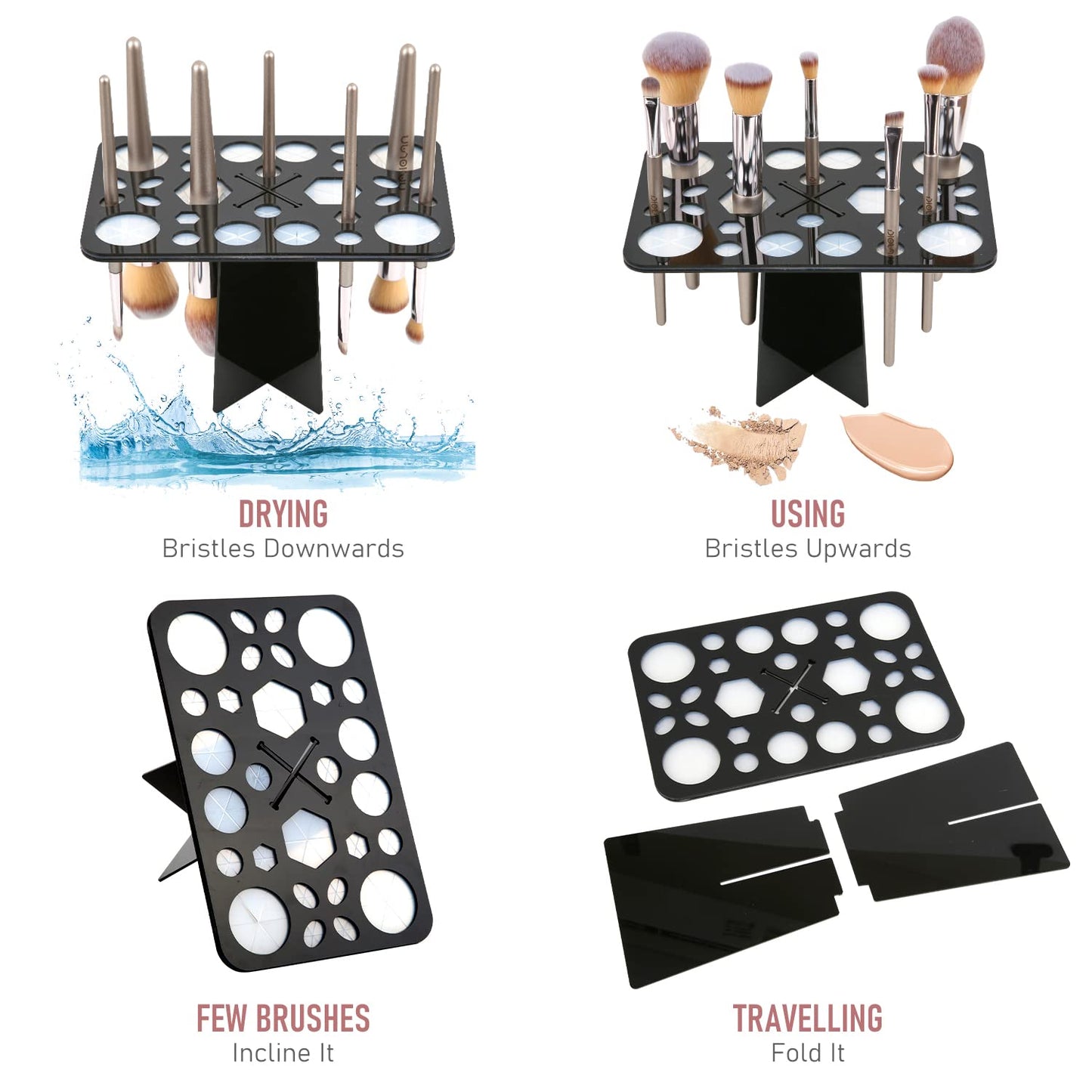 Diolan Makeup Brush Cleaning Mat & Drying Rack - 28 Holes Brush Holder, Silicone Rubber Clover Shaped Mat Cleaner - Black & Pink
