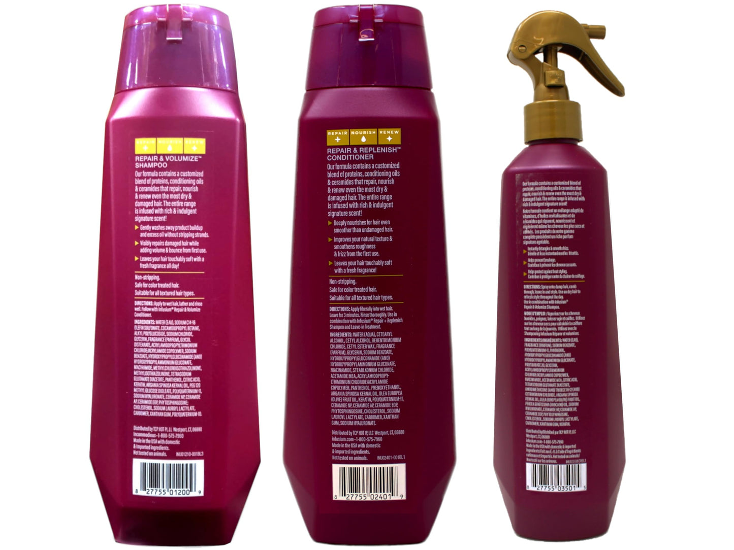 Infusium Professional Shampoo 13.5 oz, Conditioner 13.5 oz, and Leave-In Treatment 11 oz Set - Repair & Replenish - 3 Bottles